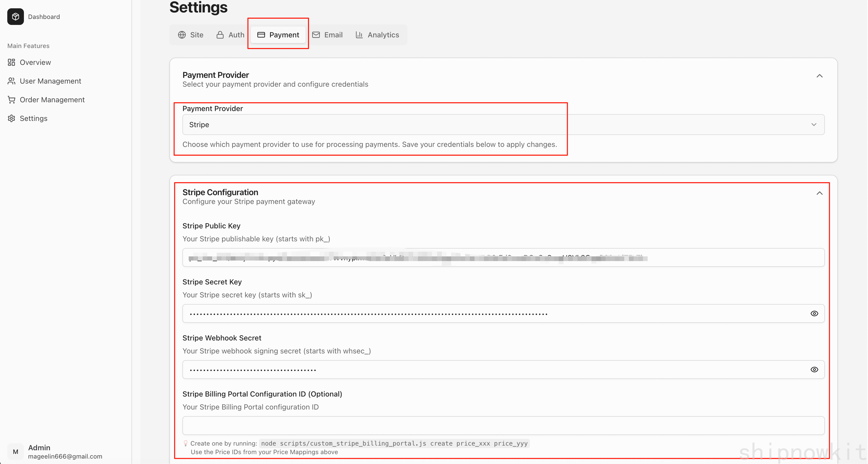 ShipNowKit dashboard Stripe credential form