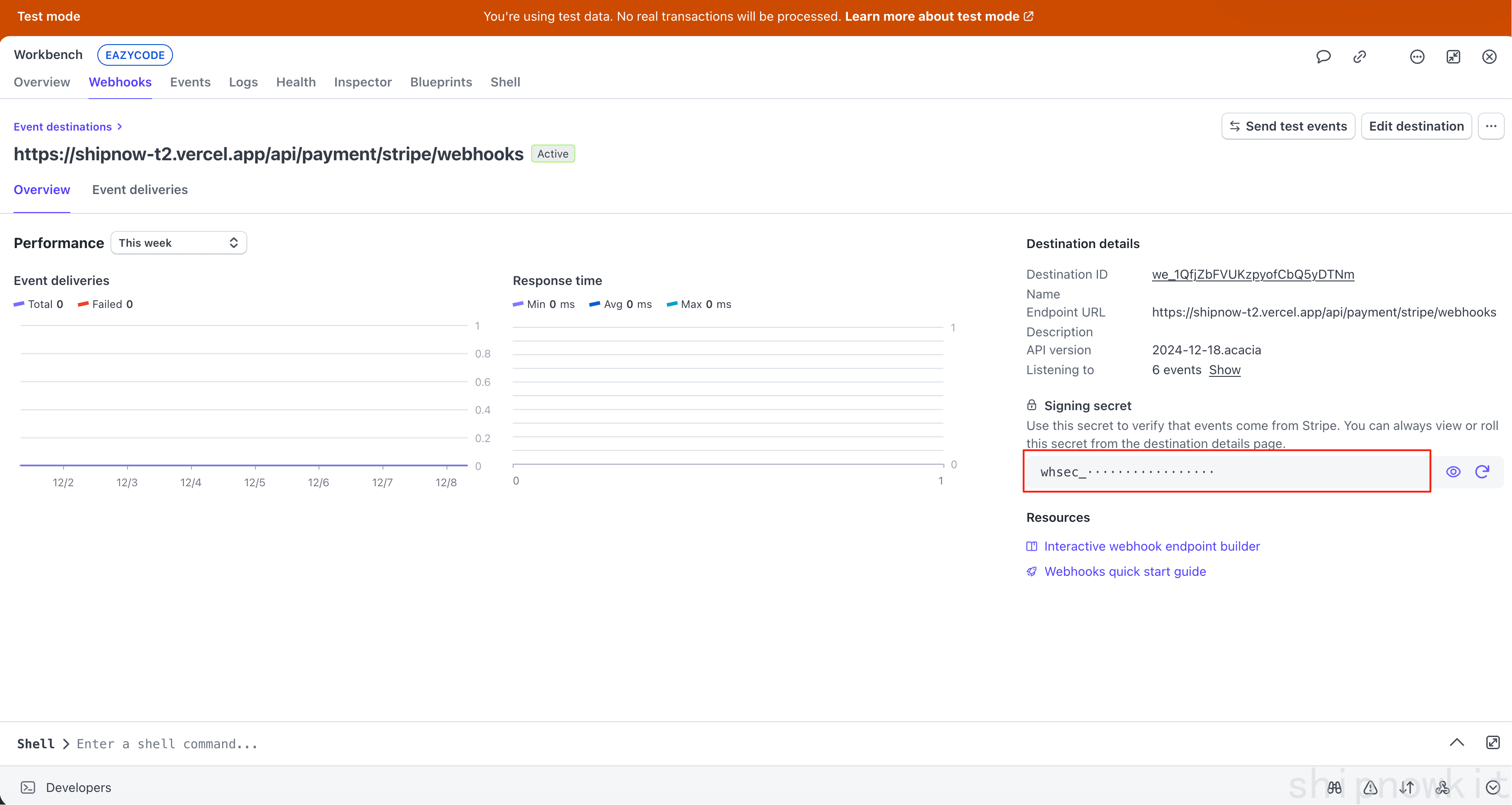 Stripe webhook signing secret panel