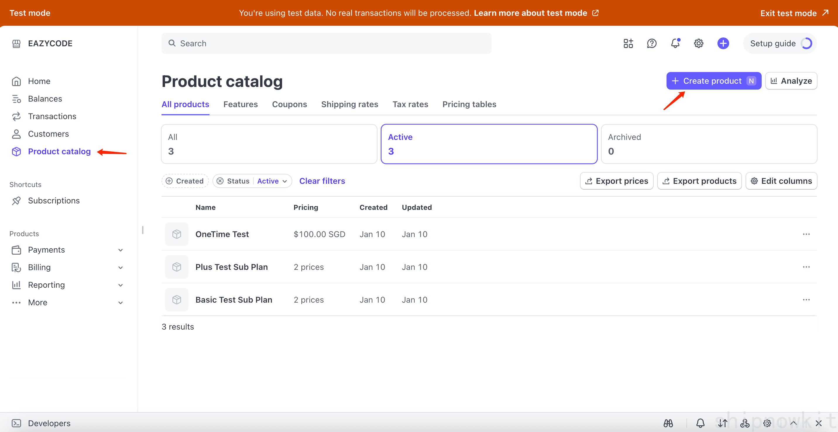 Stripe products list