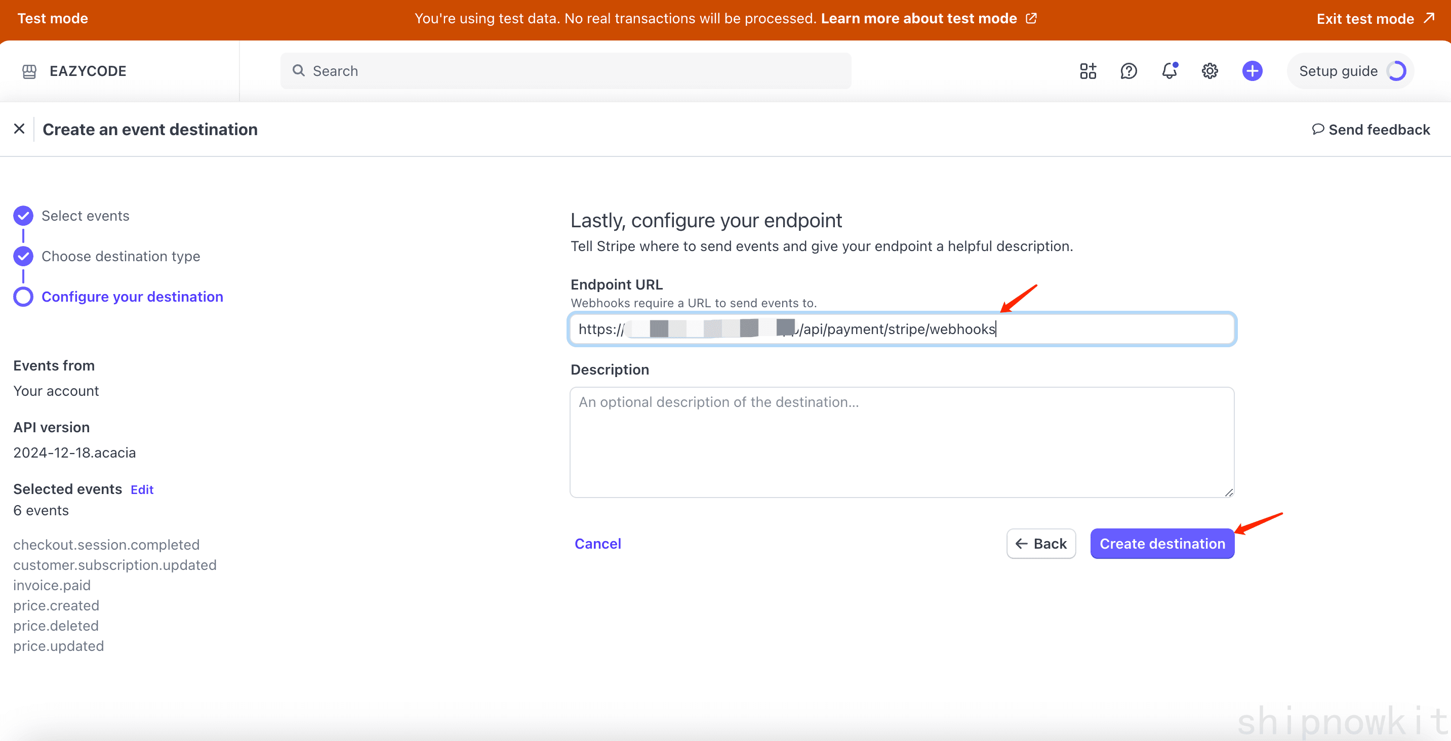 Webhook endpoint URL configuration