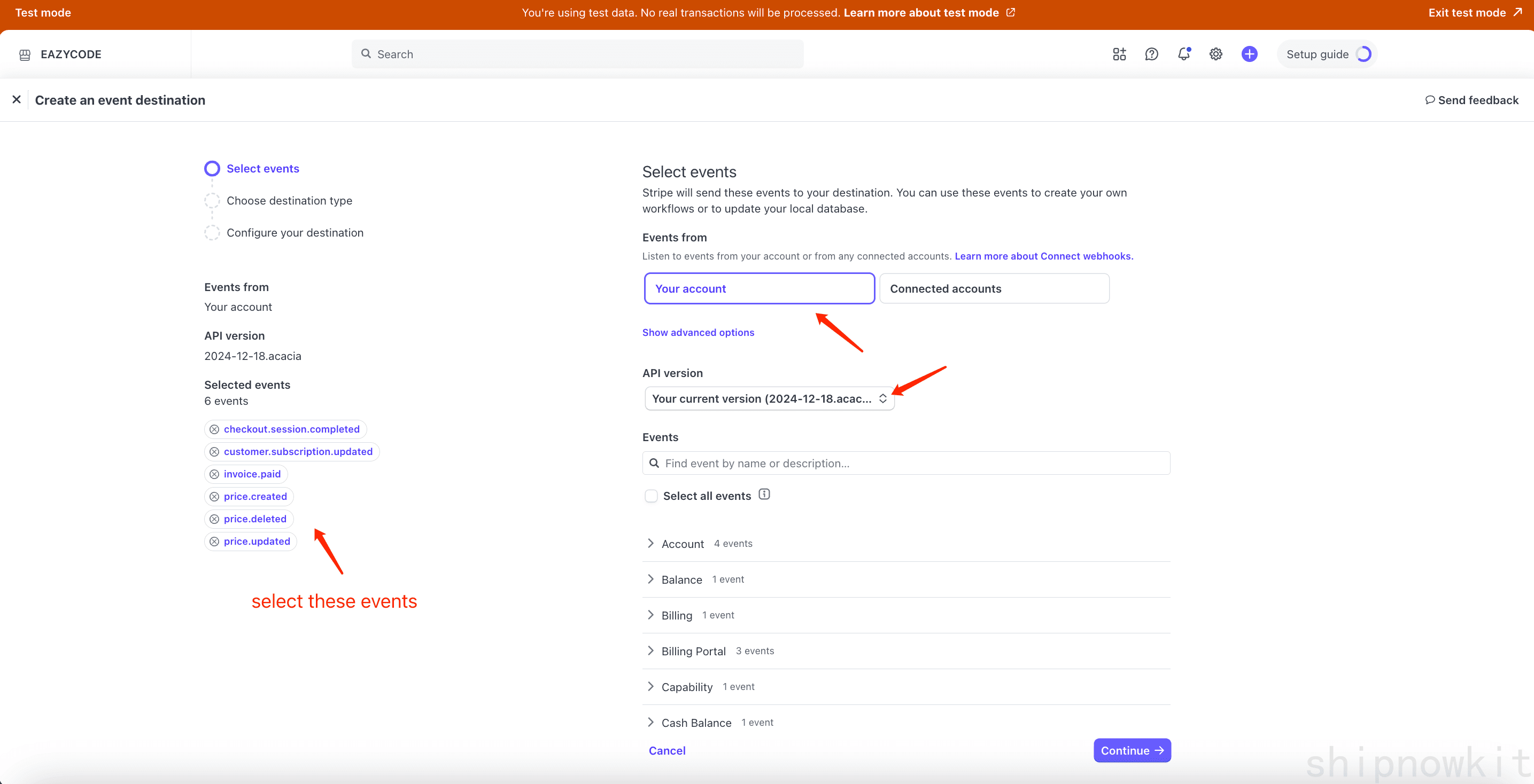 Webhook event checkbox examples